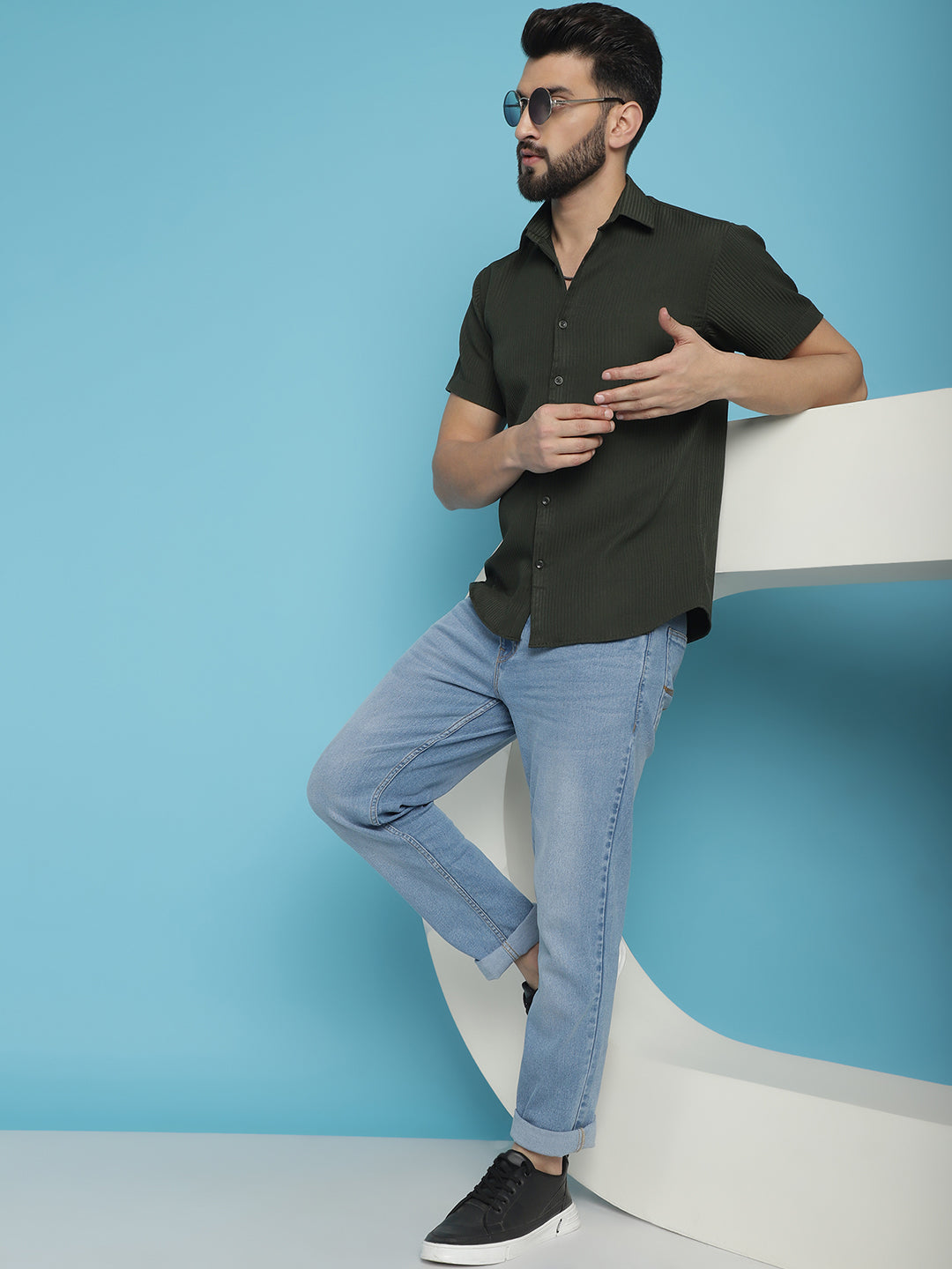 Indian Needle Men's Striped Half Sleeve Casual Shirt - Olive | Grocsy