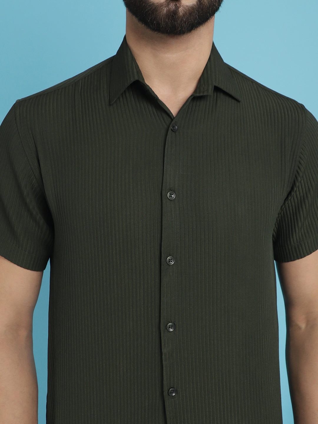Indian Needle Men's Striped Half Sleeve Casual Shirt - Olive | Grocsy