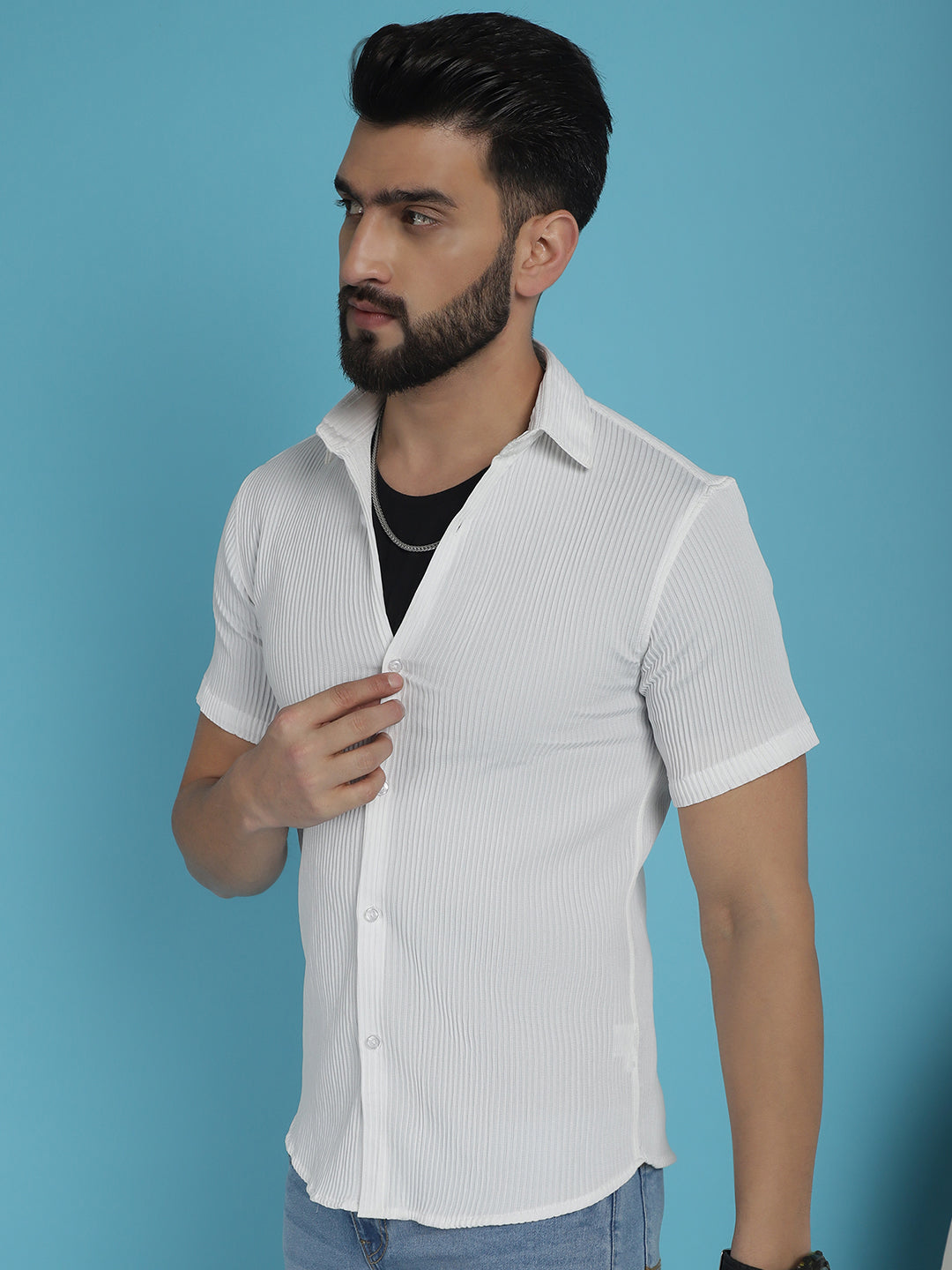 Indian Needle Men's Striped Half Sleeve Casual Shirt - White | Grocsy