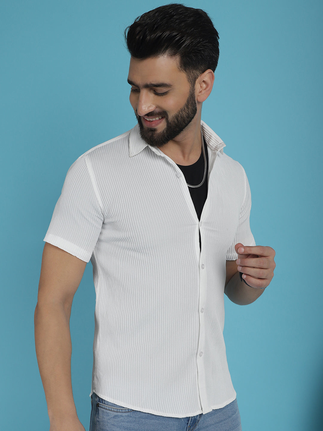 Indian Needle Men's Striped Half Sleeve Casual Shirt - White | Grocsy
