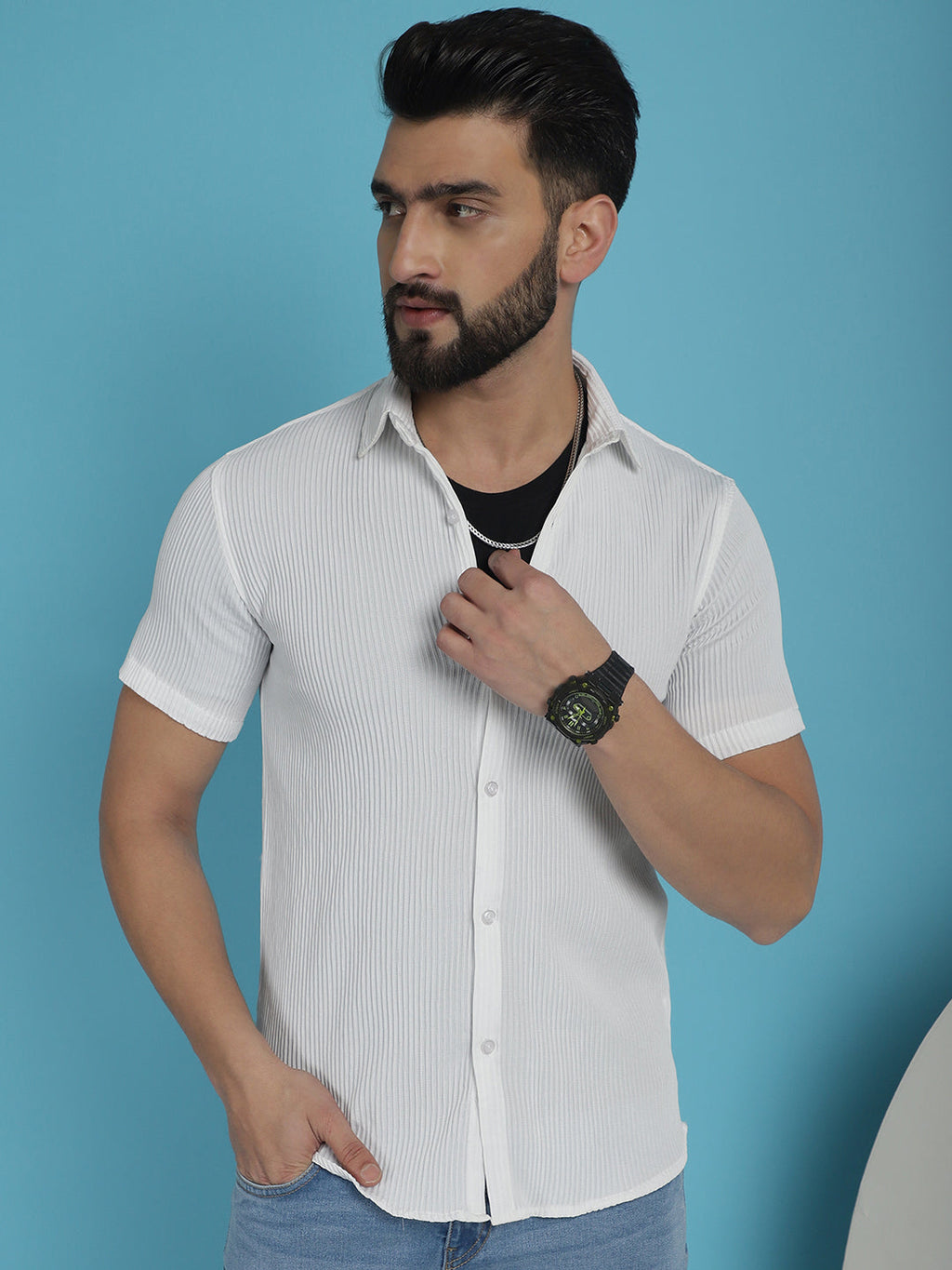 Indian Needle Men's Striped Half Sleeve Casual Shirt - White | Grocsy