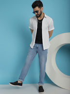 Indian Needle Men's Striped Half Sleeve Casual Shirt - White | Grocsy