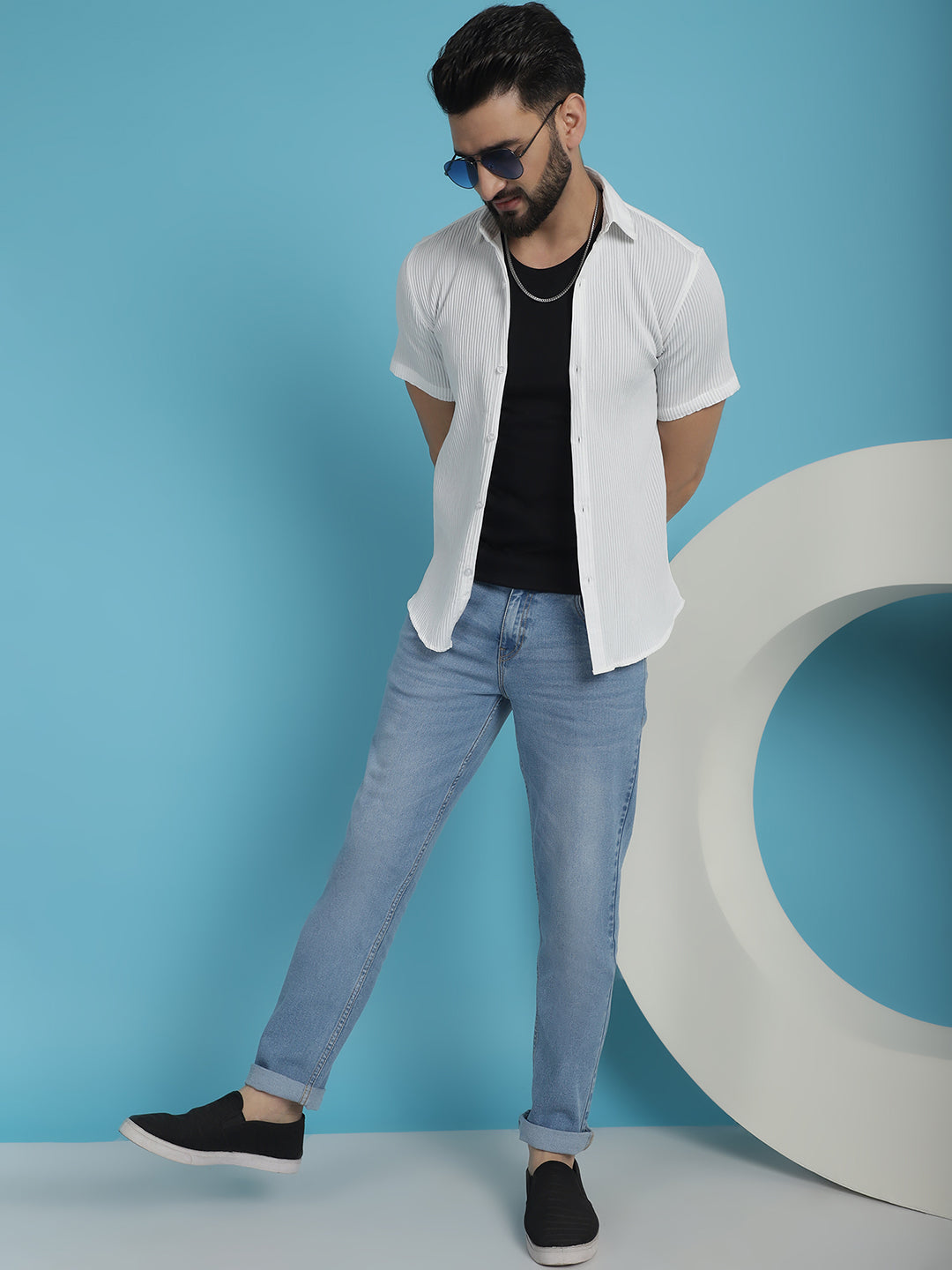 Indian Needle Men's Striped Half Sleeve Casual Shirt - White | Grocsy