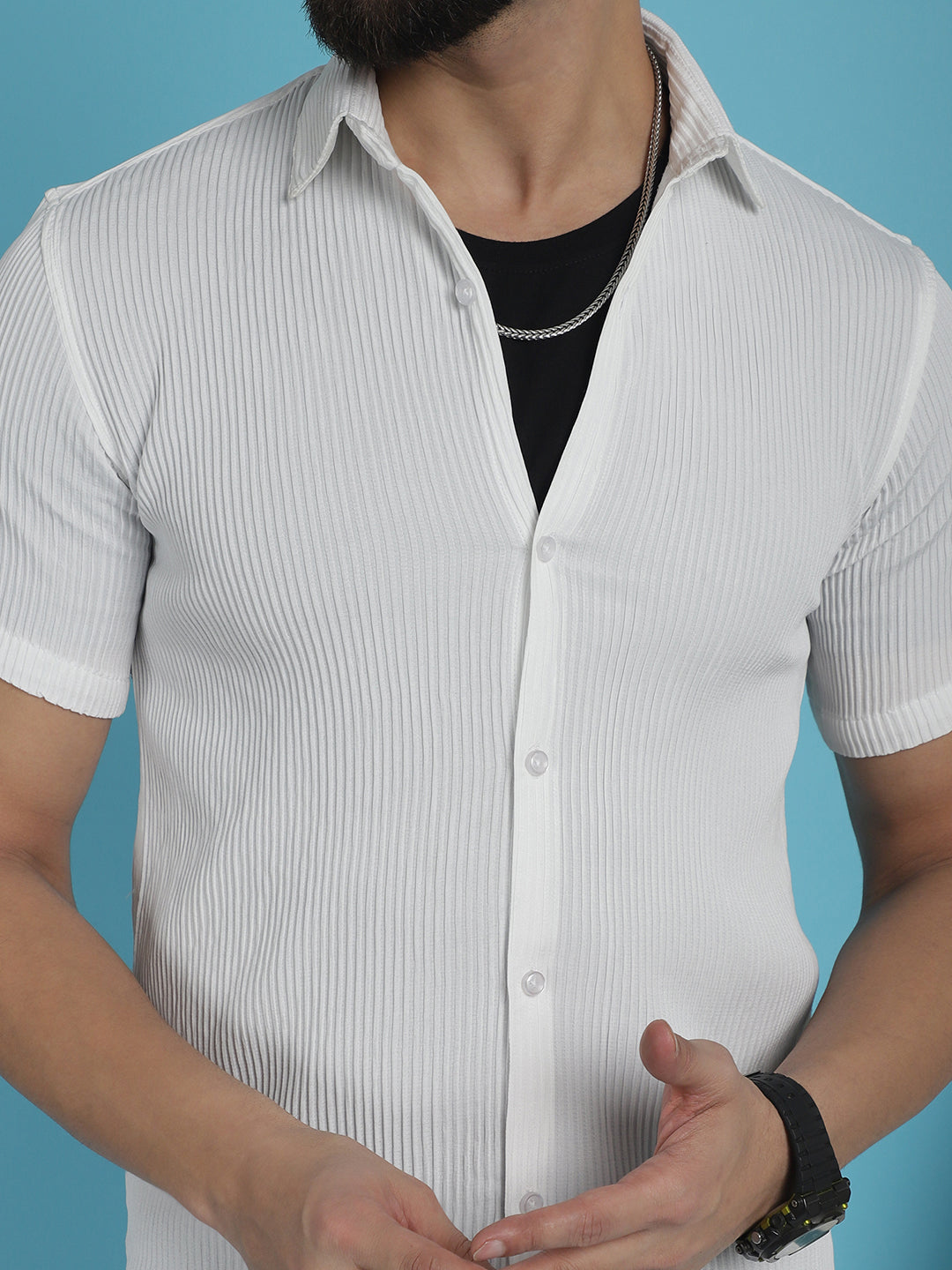 Indian Needle Men's Striped Half Sleeve Casual Shirt - White | Grocsy