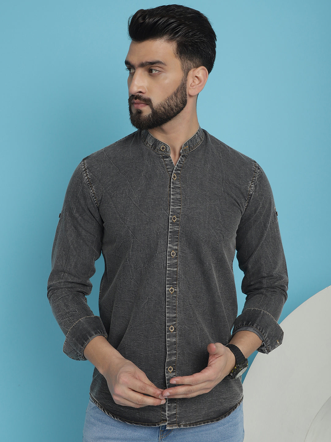 Indian Needle Men's Denim Casual Shirt - Charcoal | Grocsy