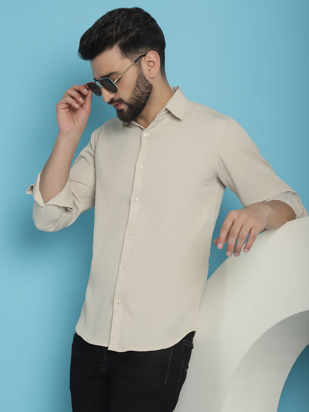 Indian Needle Men's Striped Casual Shirt - Cream | Grocsy