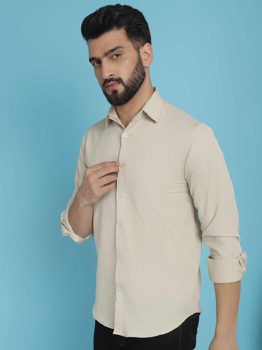 Indian Needle Men's Striped Casual Shirt - Cream | Grocsy