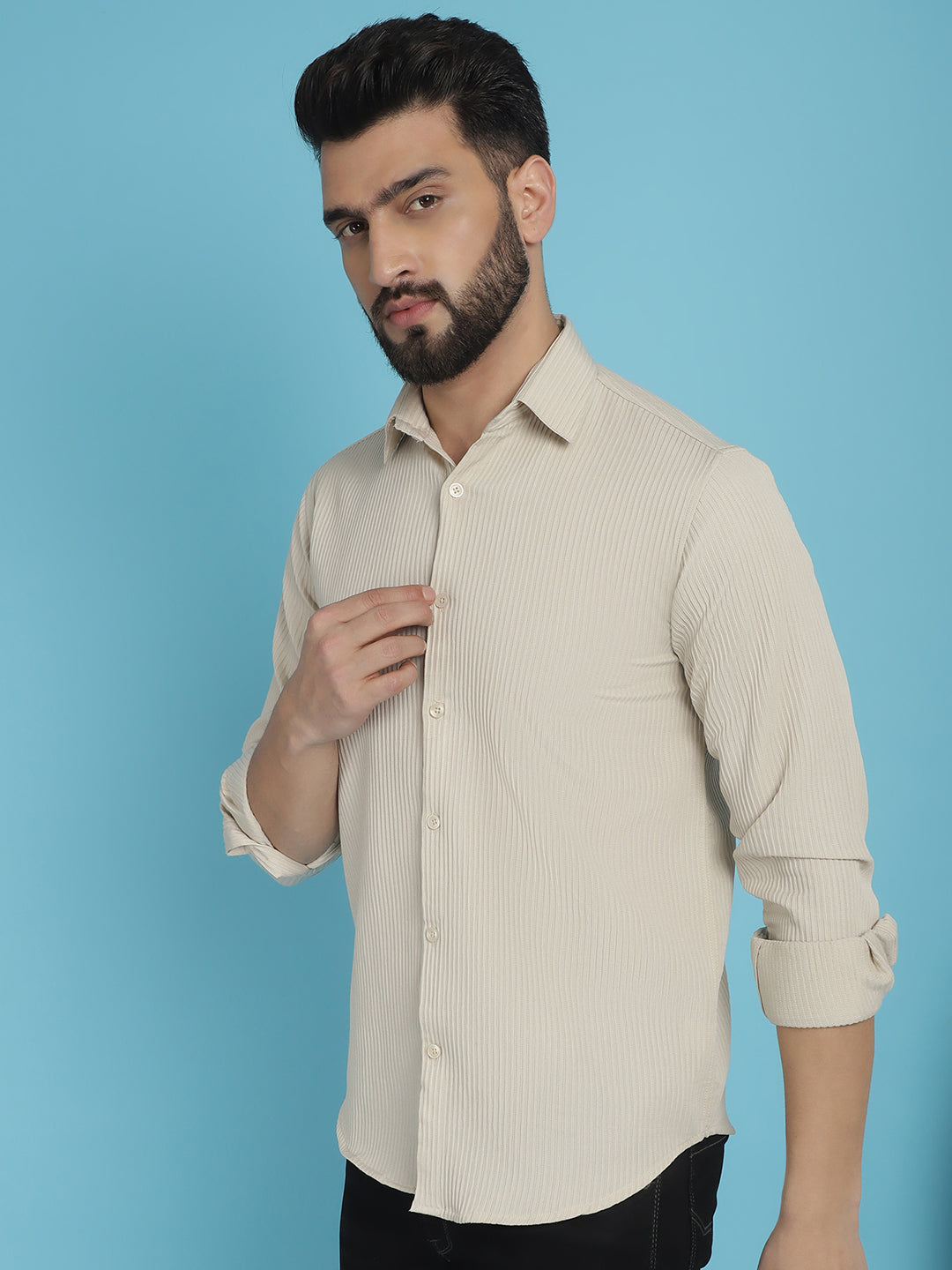 Indian Needle Men's Striped Casual Shirt - Cream | Grocsy