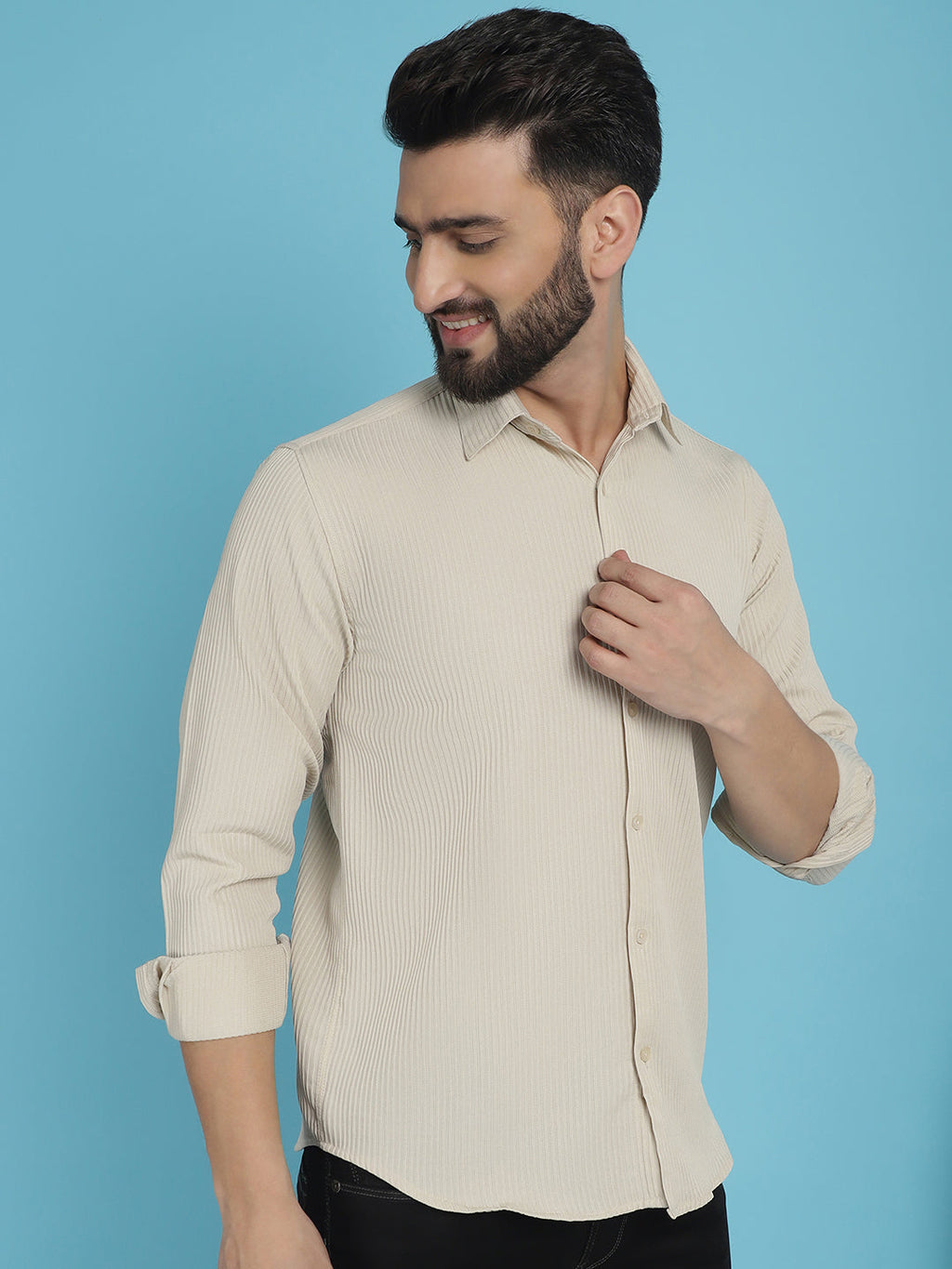 Indian Needle Men's Striped Casual Shirt - Cream | Grocsy