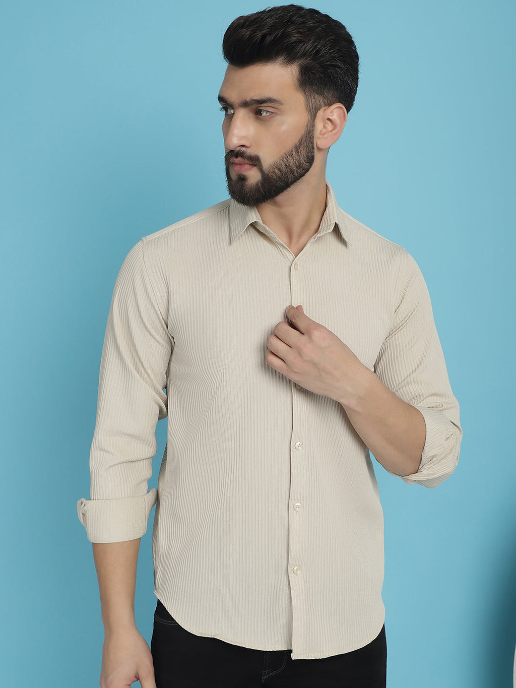 Indian Needle Men's Striped Casual Shirt - Cream | Grocsy