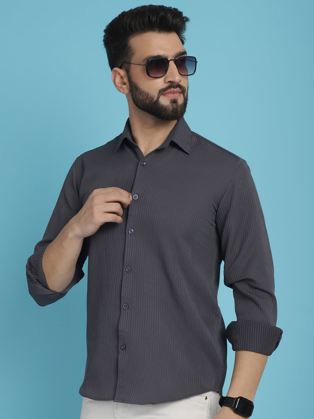 Indian Needle Men's Striped Casual Shirt - Grey | Grocsy