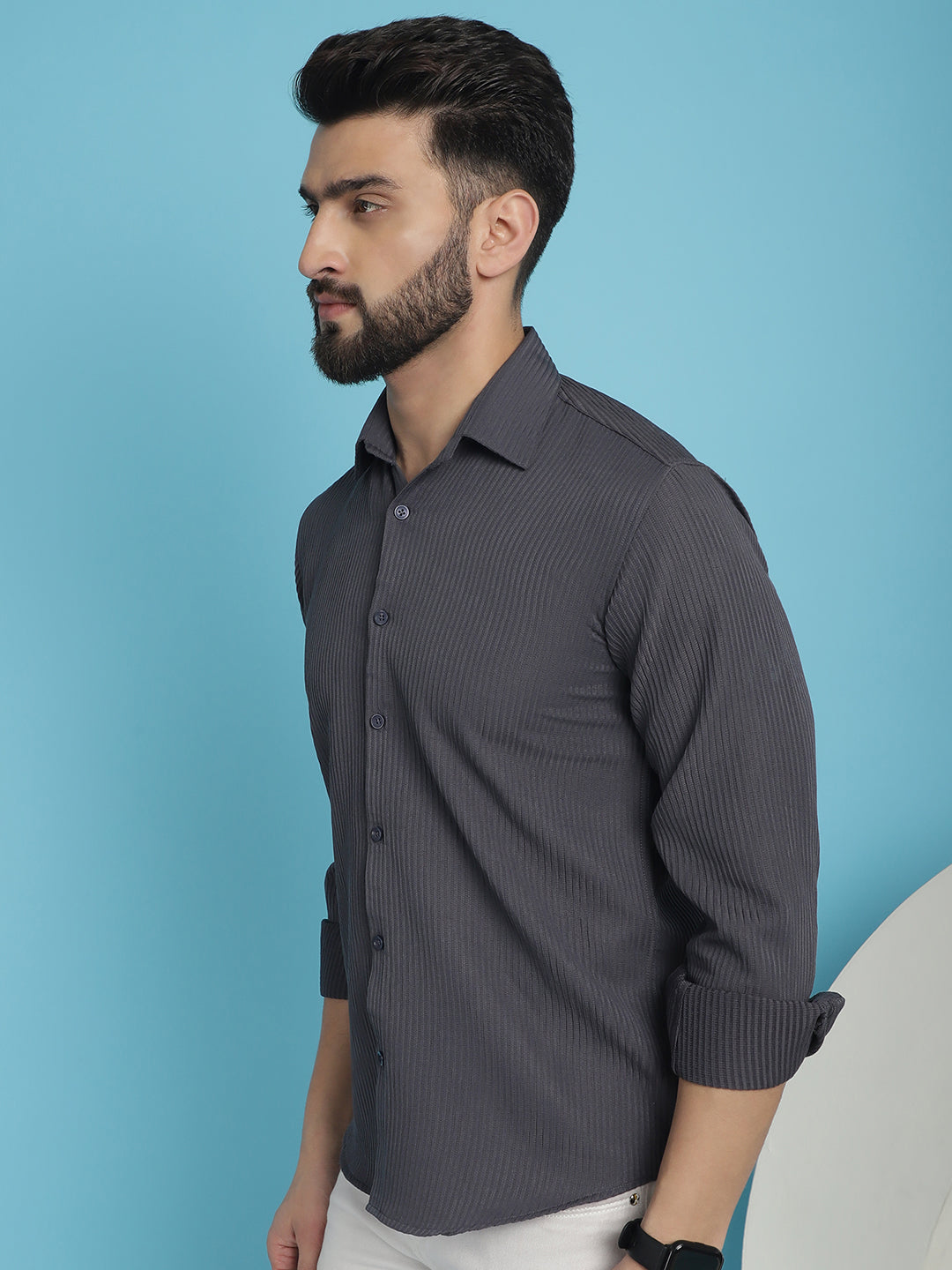Indian Needle Men's Striped Casual Shirt - Grey | Grocsy