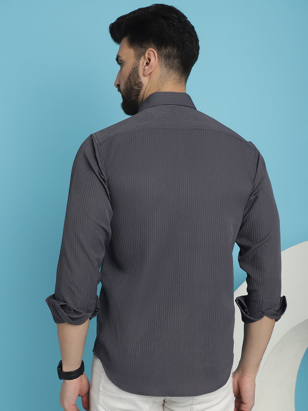 Indian Needle Men's Striped Casual Shirt - Grey | Grocsy