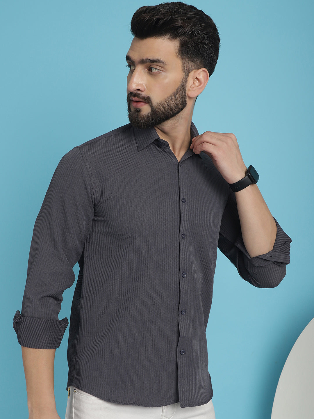 Indian Needle Men's Striped Casual Shirt - Grey | Grocsy