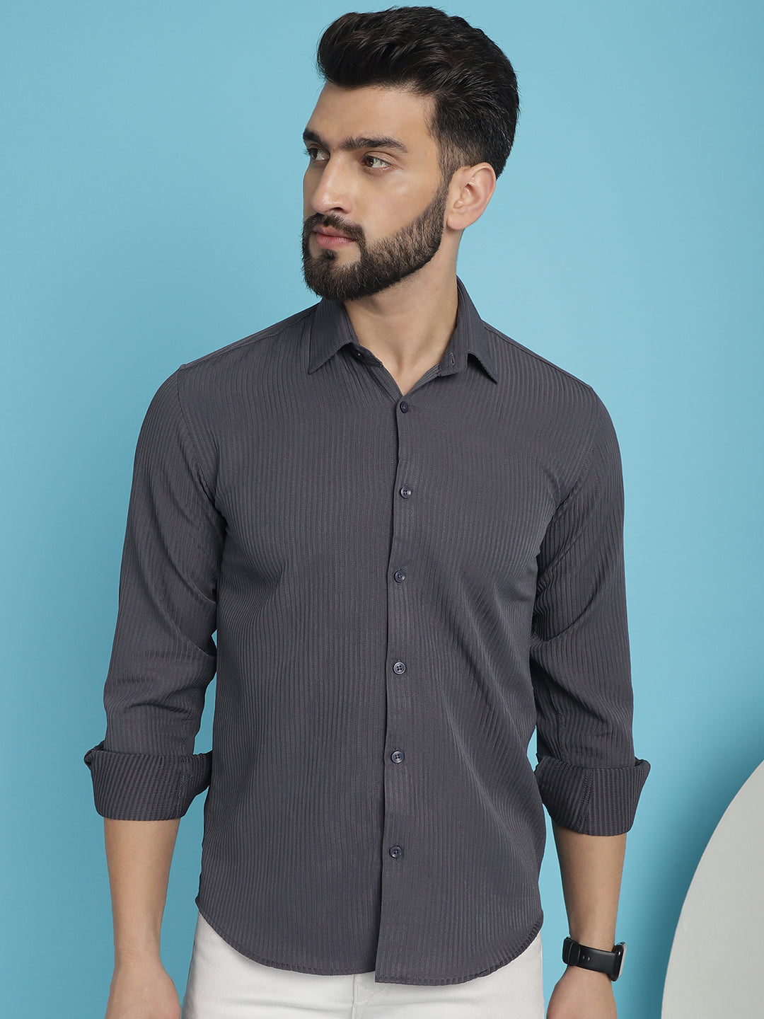 Indian Needle Men's Striped Casual Shirt - Grey | Grocsy