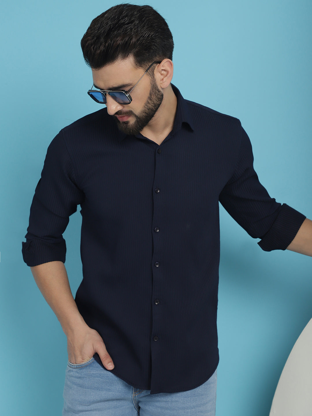 Indian Needle Men's Striped Casual Shirt - Navy Blue | Grocsy