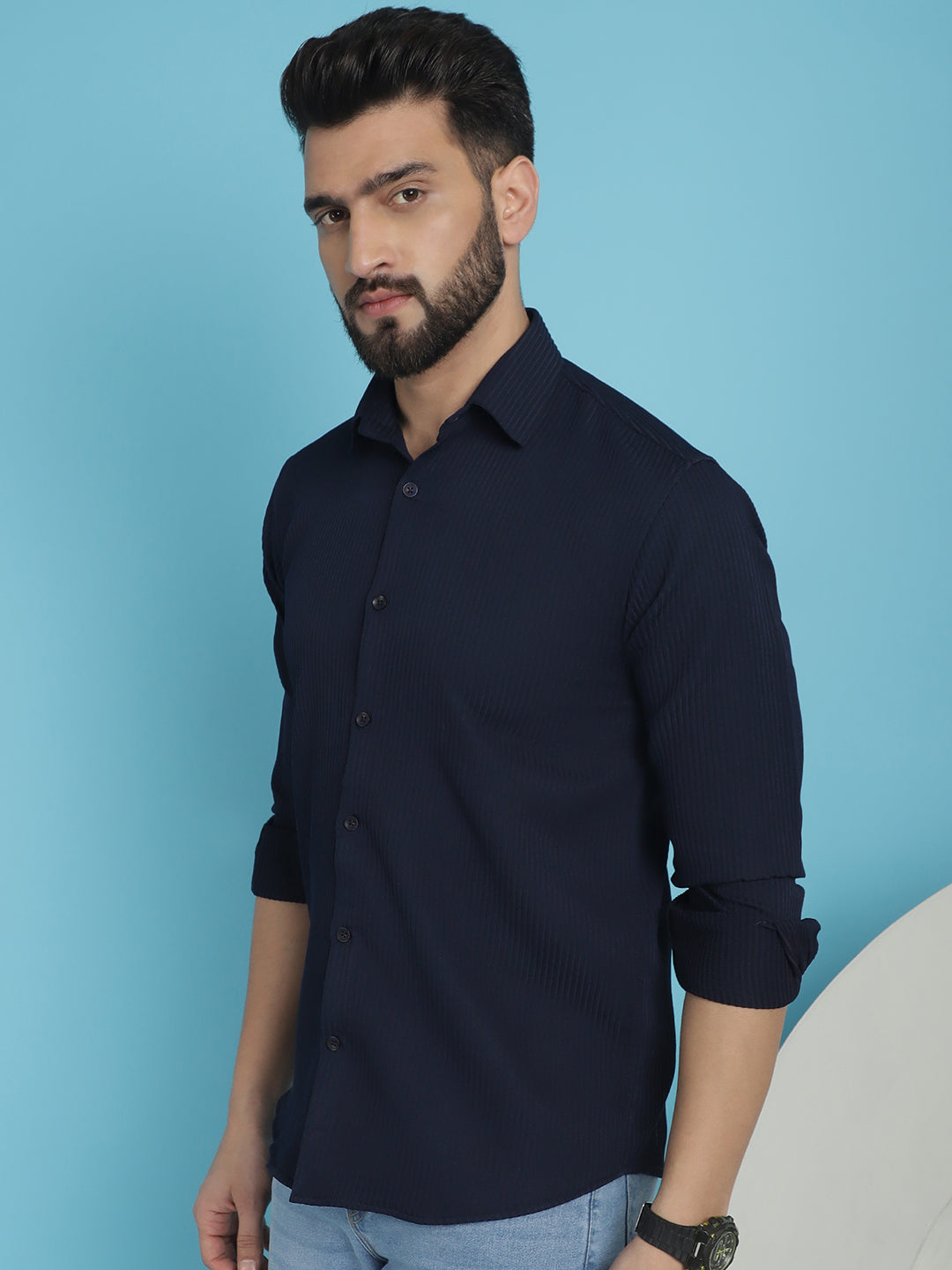 Indian Needle Men's Striped Casual Shirt - Navy Blue | Grocsy