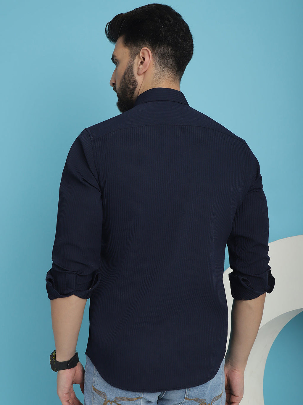 Indian Needle Men's Striped Casual Shirt - Navy Blue | Grocsy