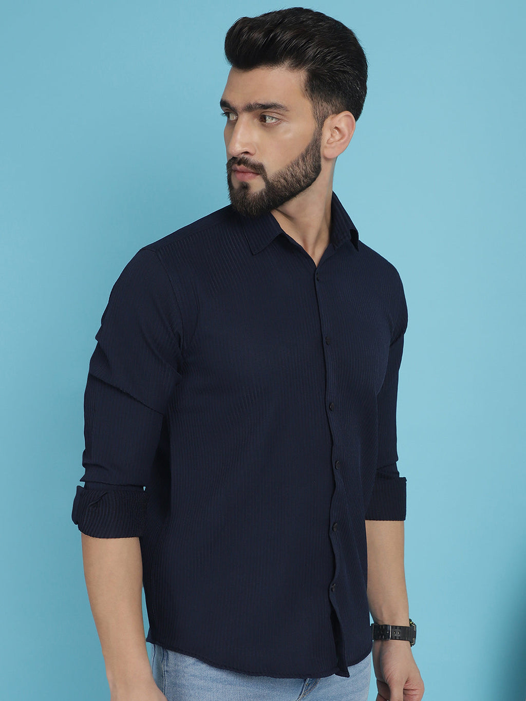 Indian Needle Men's Striped Casual Shirt - Navy Blue | Grocsy