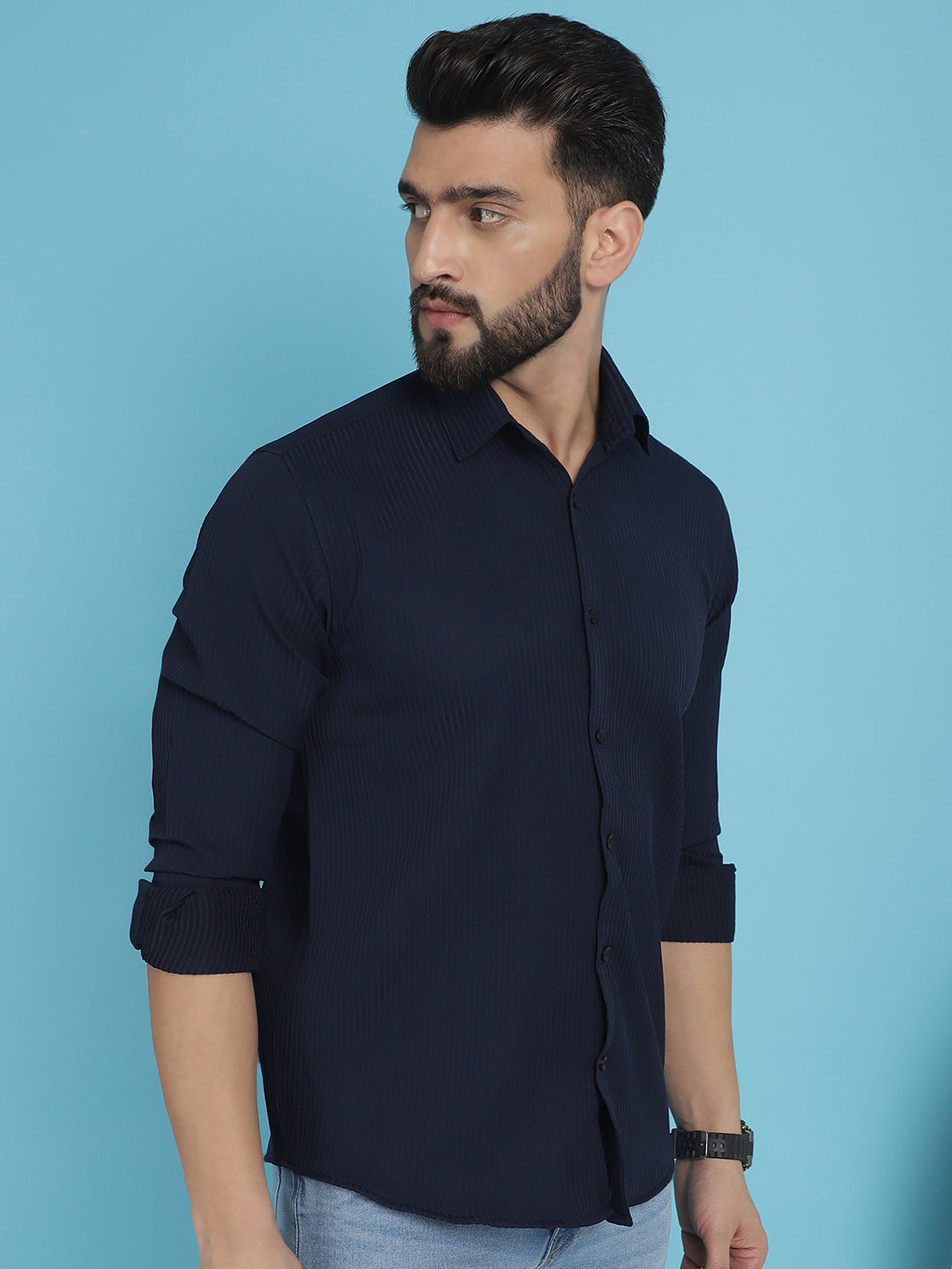 Indian Needle Men's Striped Casual Shirt - Navy Blue | Grocsy