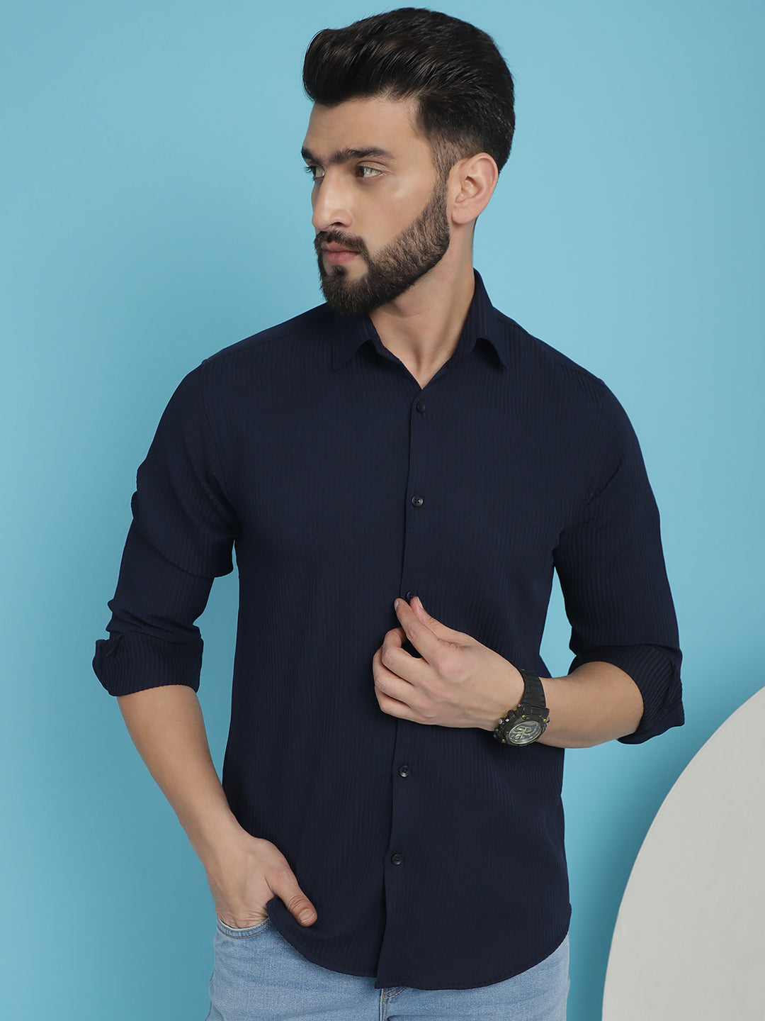 Indian Needle Men's Striped Casual Shirt - Navy Blue | Grocsy