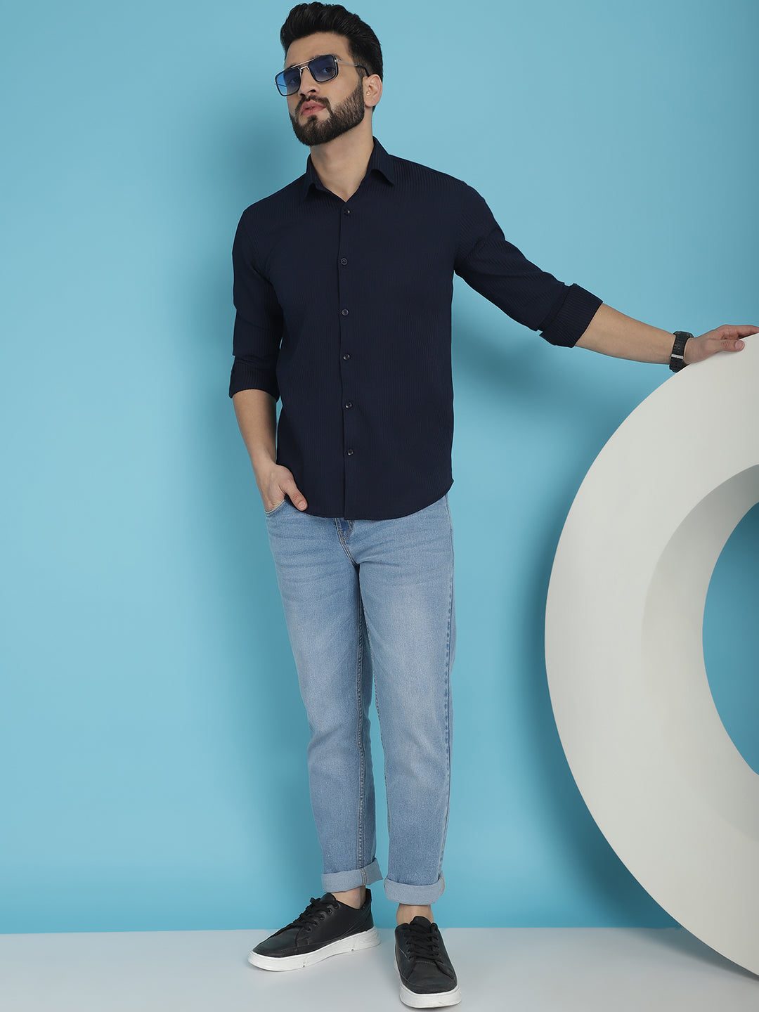 Indian Needle Men's Striped Casual Shirt - Navy Blue | Grocsy