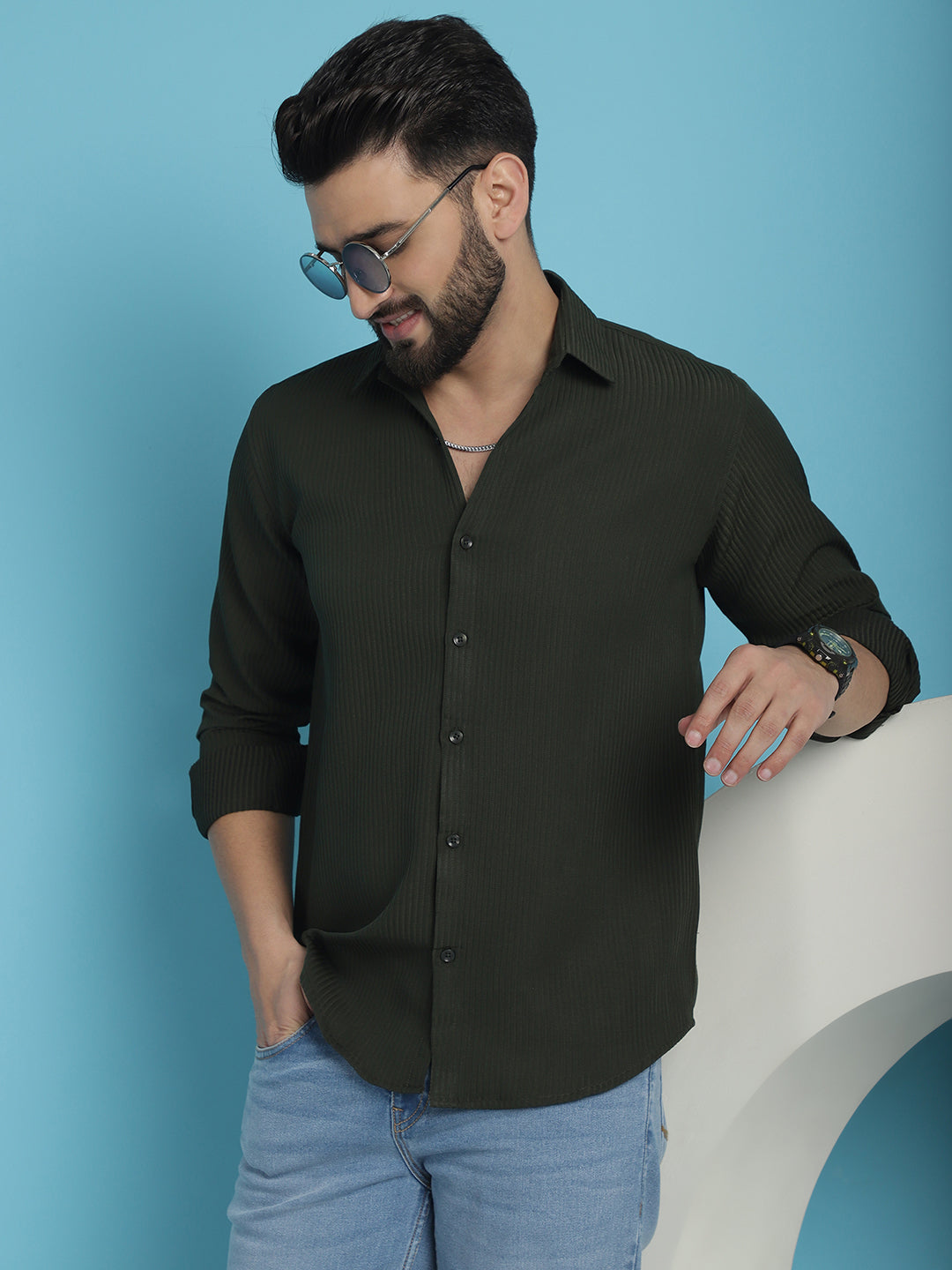 Indian Needle Men's Striped Casual Shirt - Olive | Grocsy