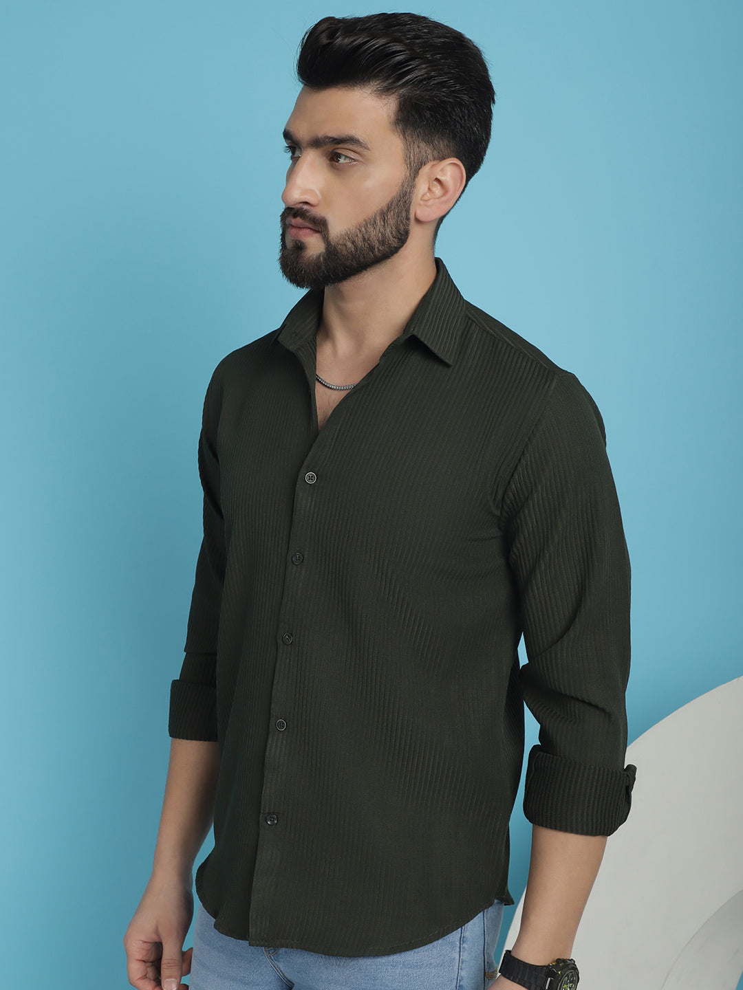 Indian Needle Men's Striped Casual Shirt - Olive | Grocsy