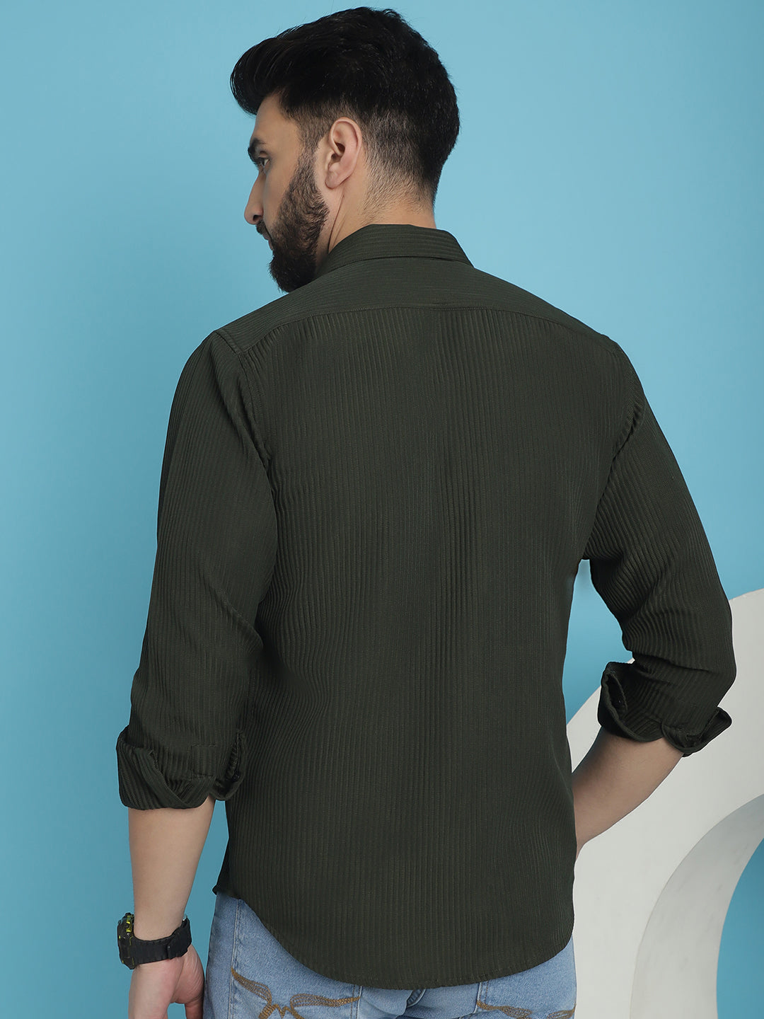 Indian Needle Men's Striped Casual Shirt - Olive | Grocsy