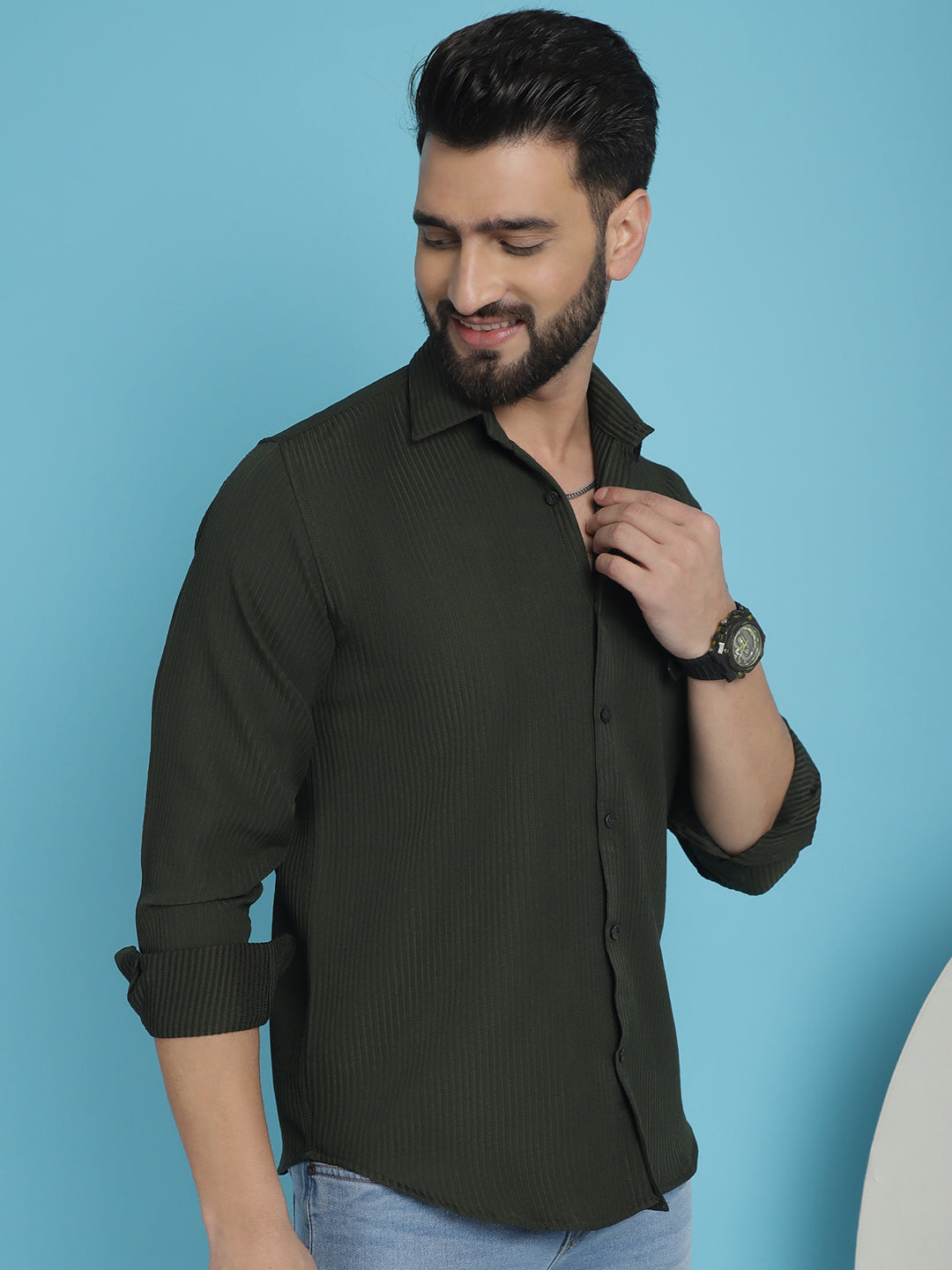 Indian Needle Men's Striped Casual Shirt - Olive | Grocsy