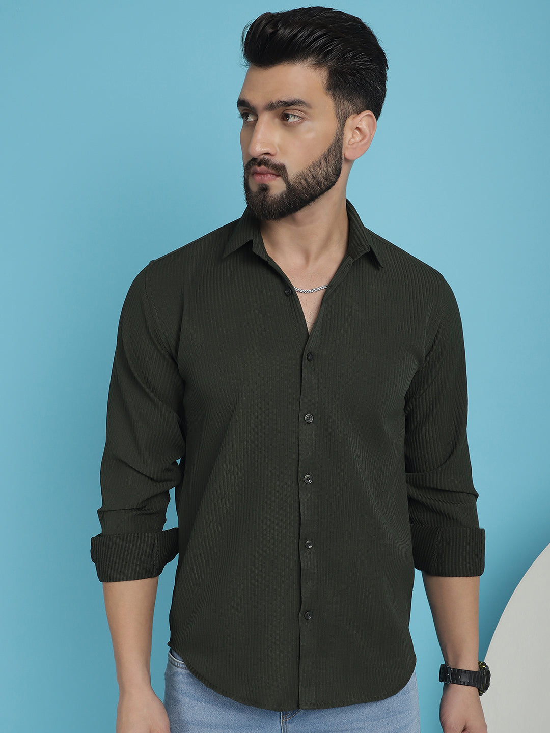 Indian Needle Men's Striped Casual Shirt - Olive | Grocsy