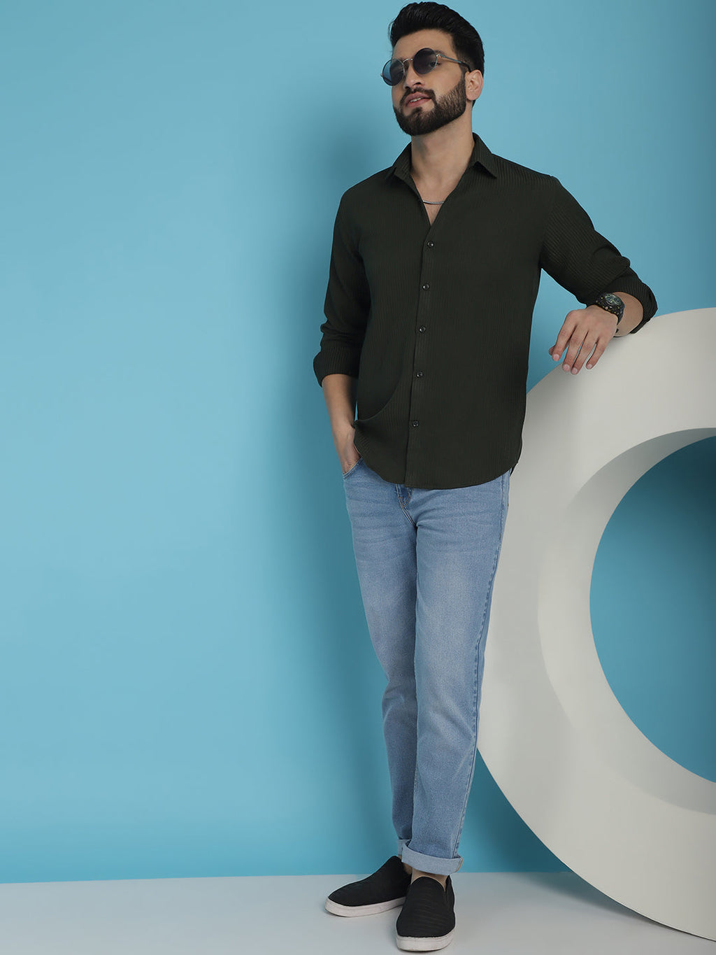 Indian Needle Men's Striped Casual Shirt - Olive | Grocsy
