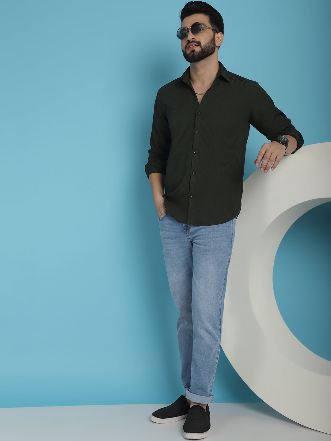 Indian Needle Men's Striped Casual Shirt - Olive | Grocsy