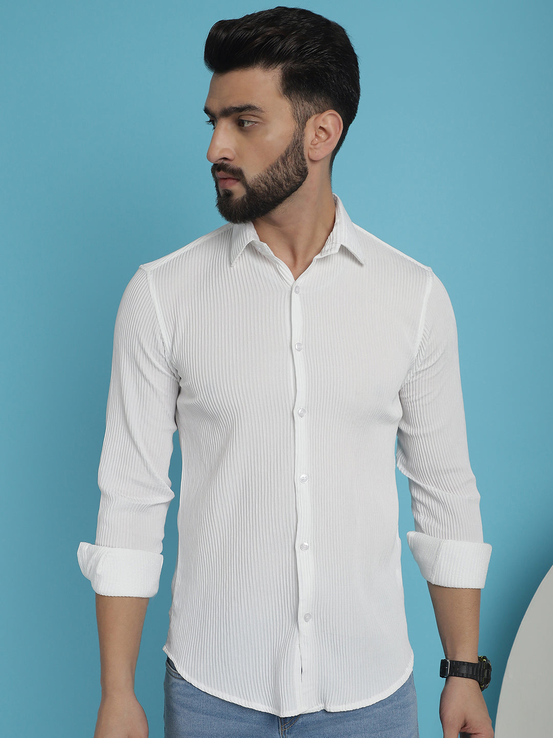 Indian Needle Men's Striped Casual Shirt - White | Grocsy