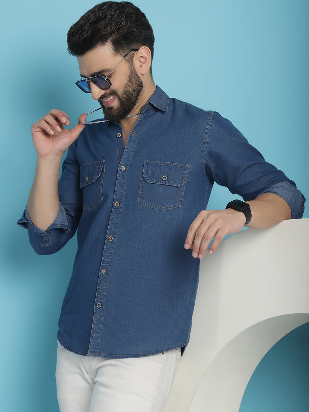 Indian Needle Men's Faded Cotton Denim Casual Shirt - Blue | Grocsy