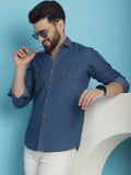 Indian Needle Men's Faded Cotton Denim Casual Shirt - Blue | Grocsy