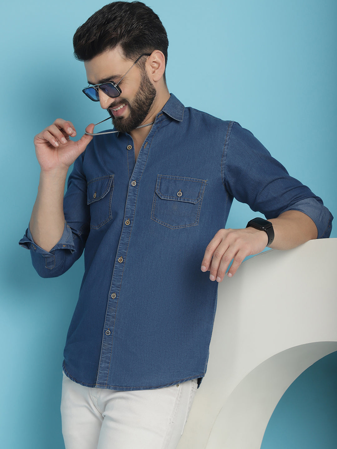 Indian Needle Men's Faded Cotton Denim Casual Shirt - Blue | Grocsy