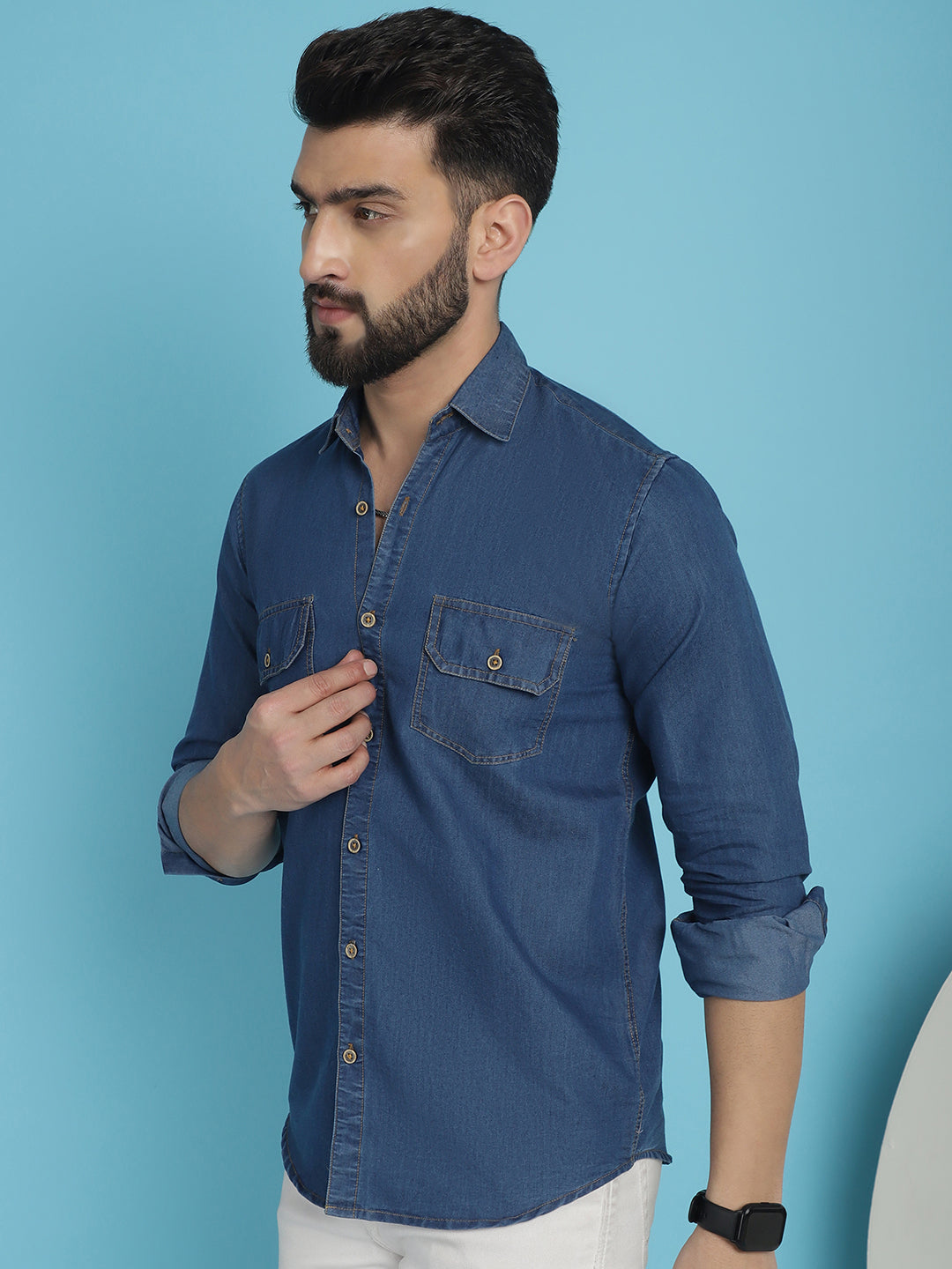 Indian Needle Men's Faded Cotton Denim Casual Shirt - Blue | Grocsy
