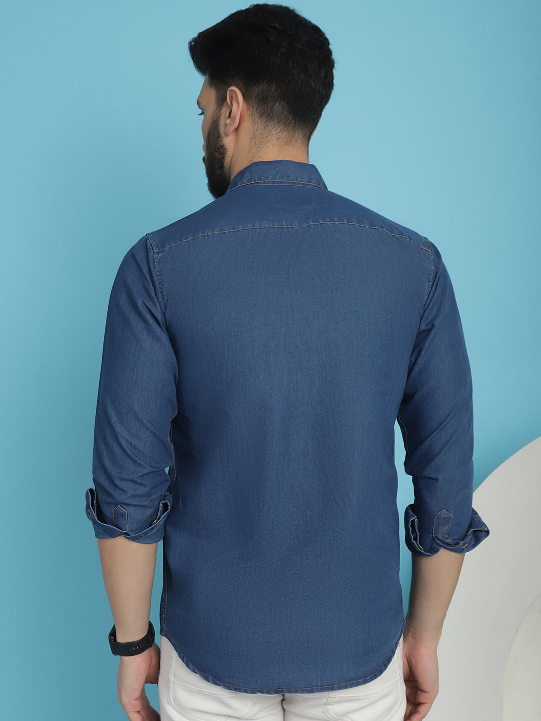 Indian Needle Men's Faded Cotton Denim Casual Shirt - Blue | Grocsy