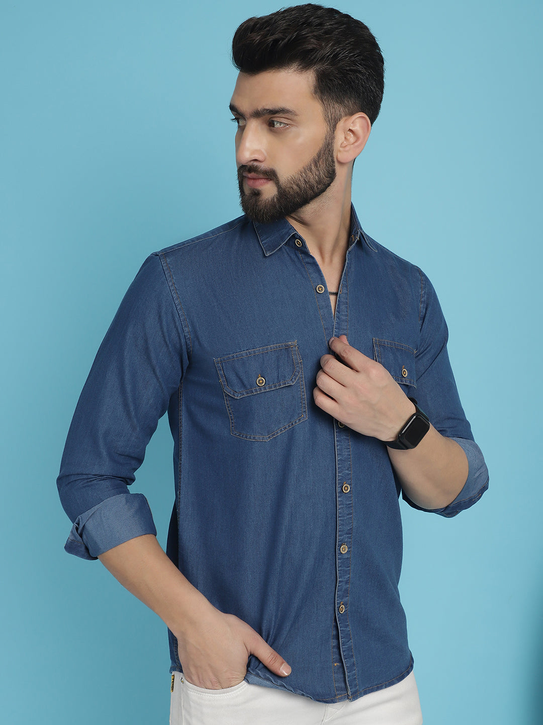 Indian Needle Men's Faded Cotton Denim Casual Shirt - Blue | Grocsy