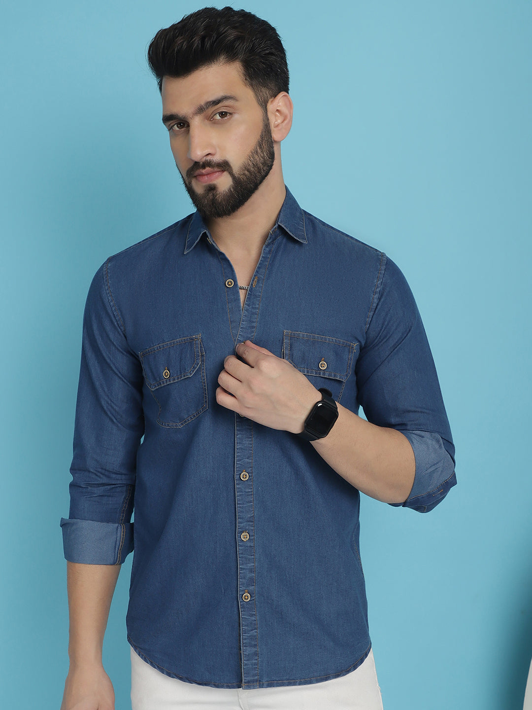Indian Needle Men's Faded Cotton Denim Casual Shirt - Blue | Grocsy