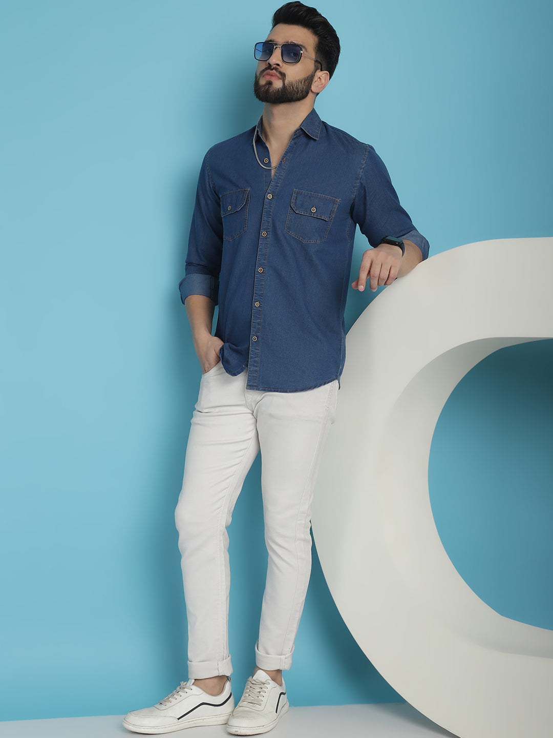 Indian Needle Men's Faded Cotton Denim Casual Shirt - Blue | Grocsy