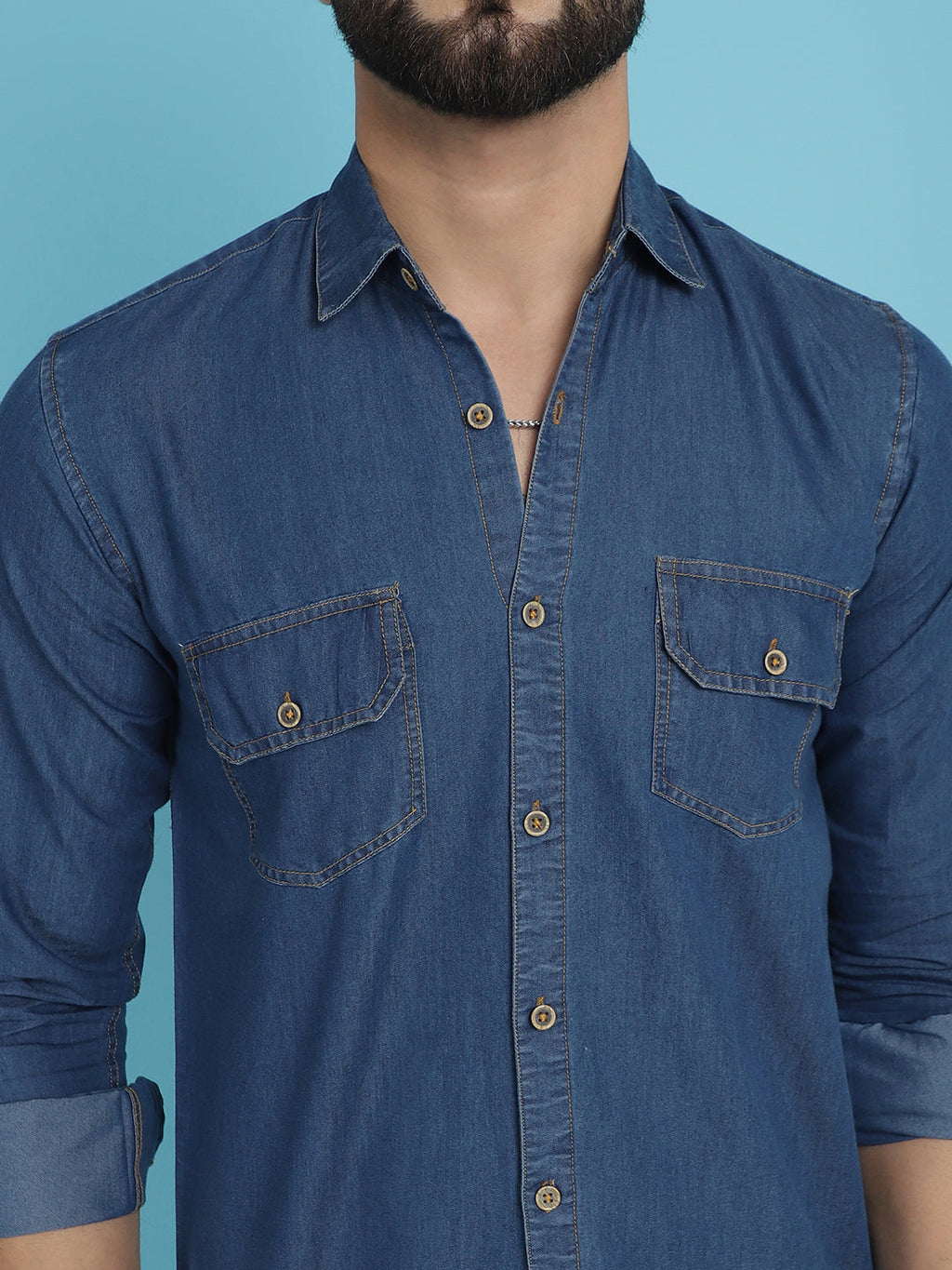 Indian Needle Men's Faded Cotton Denim Casual Shirt - Blue | Grocsy