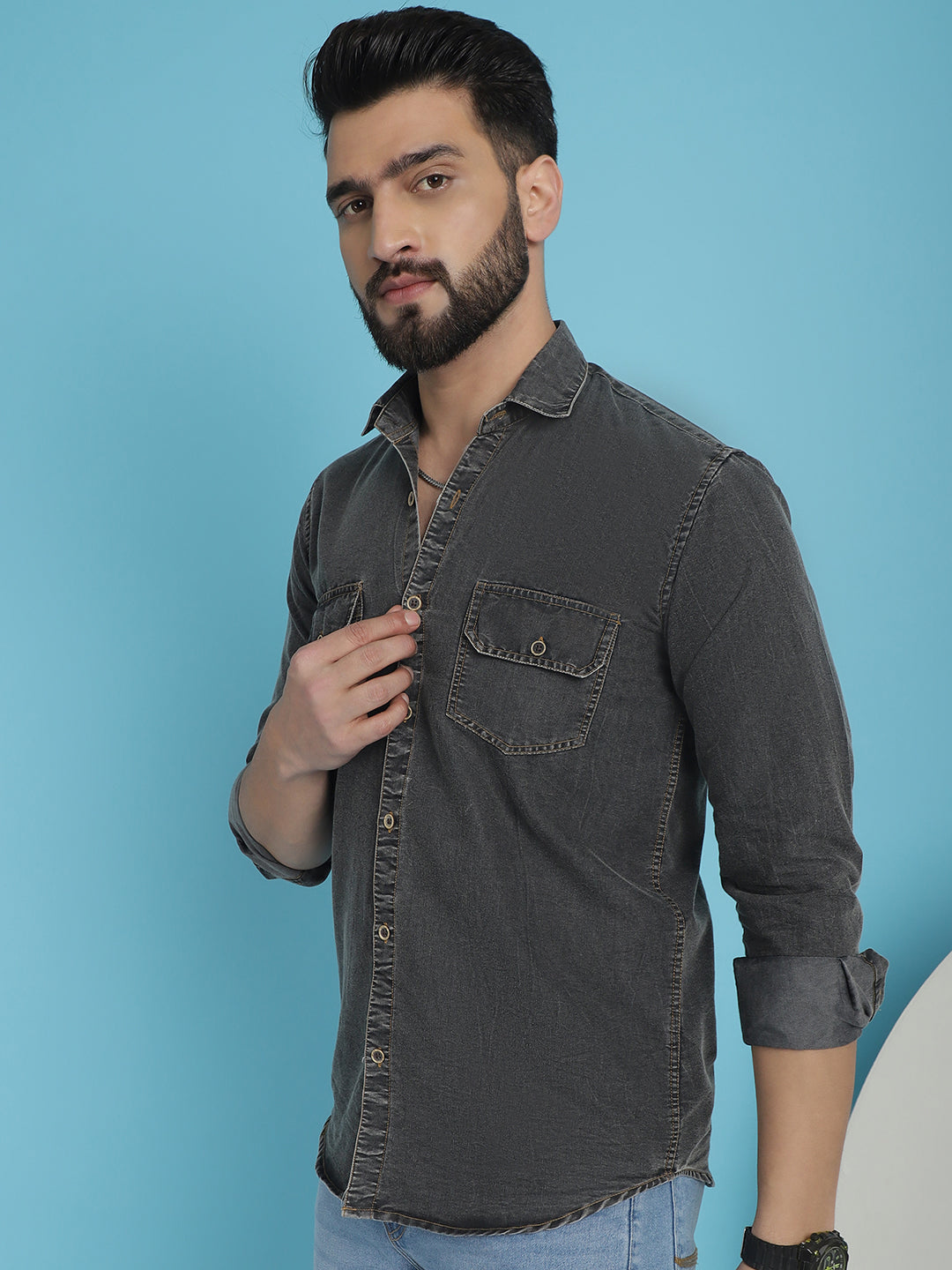 Indian Needle Men's Faded Cotton Denim Casual Shirt - Charcoal | Grocsy