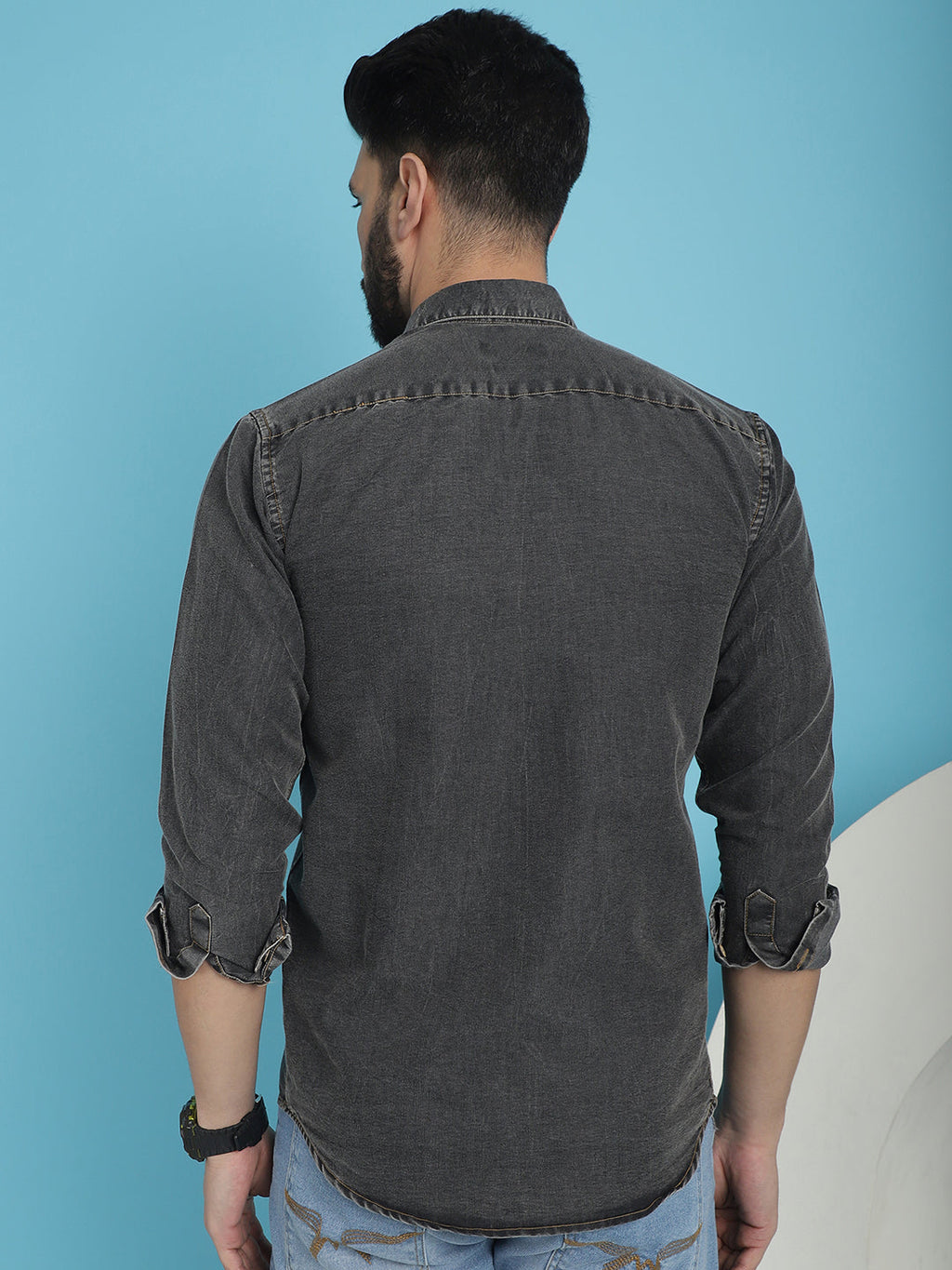 Indian Needle Men's Faded Cotton Denim Casual Shirt - Charcoal | Grocsy