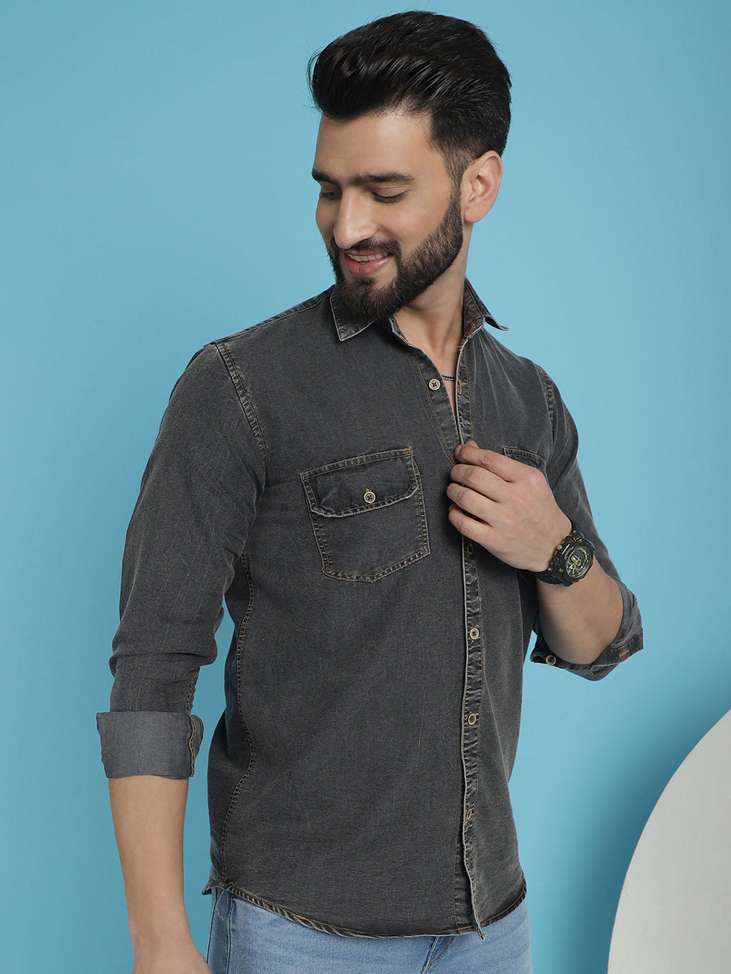 Indian Needle Men's Faded Cotton Denim Casual Shirt - Charcoal | Grocsy