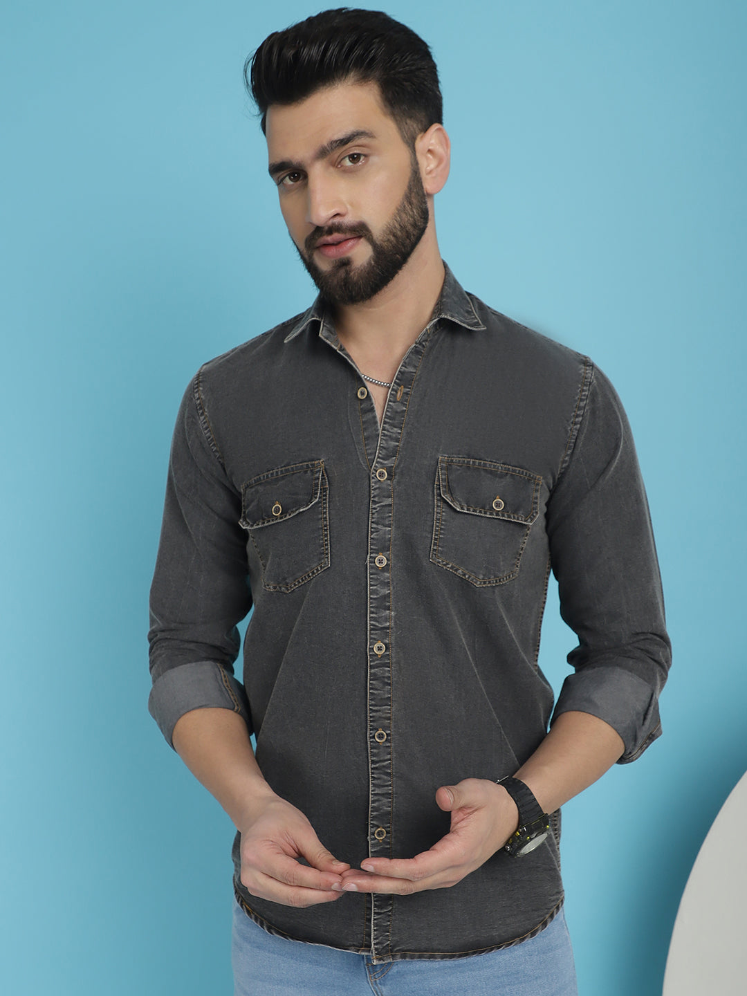 Indian Needle Men's Faded Cotton Denim Casual Shirt - Charcoal | Grocsy