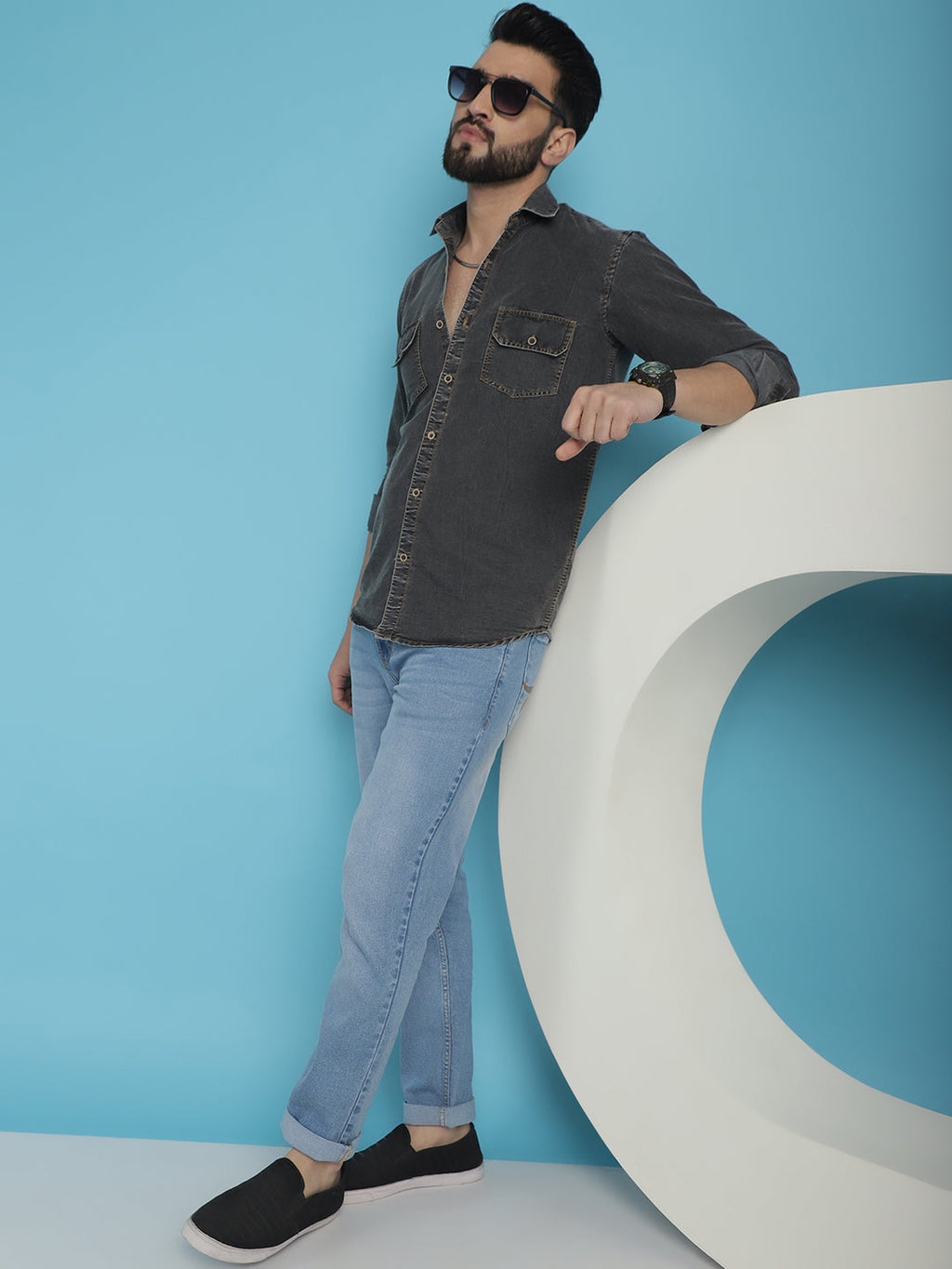 Indian Needle Men's Faded Cotton Denim Casual Shirt - Charcoal | Grocsy