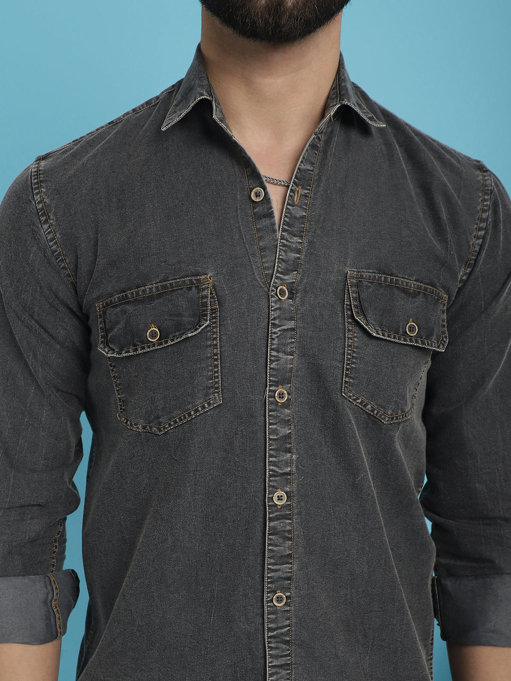 Indian Needle Men's Faded Cotton Denim Casual Shirt - Charcoal | Grocsy