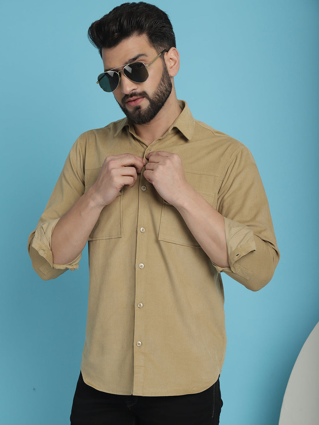 Indian Needle Men's Standard Corduroy Cotton Shirt - Beige | Grocsy